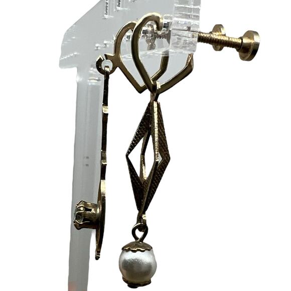 Vintage Gold Pearl Gem Drop Earrings Art Deco Screw Back Clips asymmetrical - Picture 2 of 6